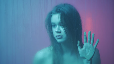 Portrait of female in neon light behind the glass window in steam and water drops. Girl with makeup and hairstyle, hands on glass looks around.の写真素材