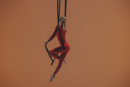 Female aerial gymnast on orange background of studio. Girl circus performer in red jumpsuit performing acrobatic element with straps hanging at height.の写真素材