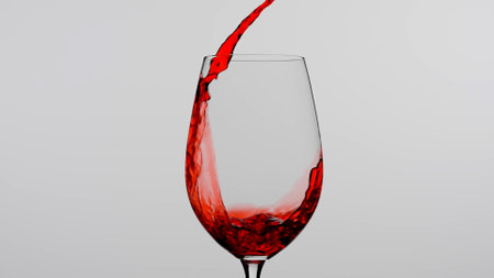 Close up shot of wine glass isolated on white background in studio. Red wine pouring into a beautiful goblet from the top, creating stream and wave splashes.の写真素材