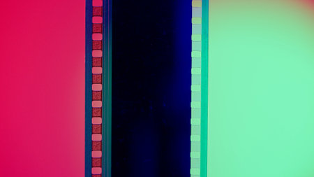 Vertical film strip on a red and green background, close up. 35mm film slide frame. Long, retro film strip frame. Copy space.の写真素材
