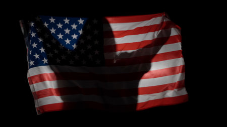 Person silhouette holding big flag against black background. Silhouette of woman with national flag...
