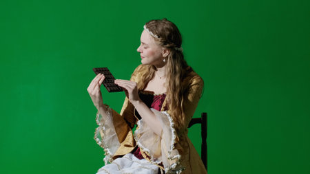 Woman in ancient outfit on the chroma key green screen background. Female in renaissance style dress sitting holding chocolate bar, eating sweets.の写真素材