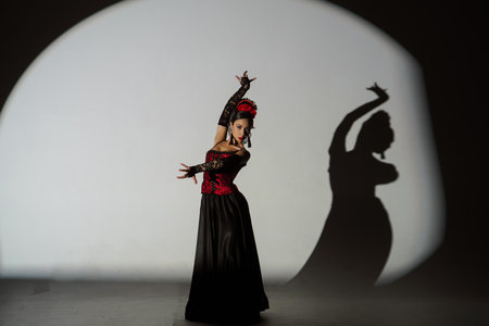 Woman dancing on black background under spotlights. Spanish dancer in red-black dress dancing elements of passionate flamenco.の写真素材