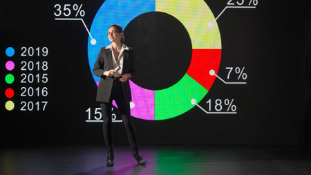 Woman presenting project on stage during meeting. A businesswoman talks to the audience, shows infographics, revenue analysis on a huge LED screen.の写真素材