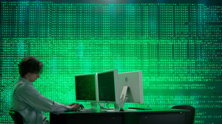 IT specialist against big digital screen. Man programmer engineer works on computer in front of...