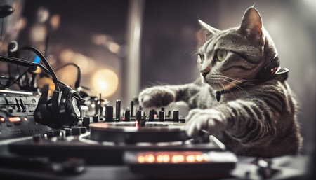 Cool Cat DJ Mixing Tracks at Nightclub Scene Generative AIの素材