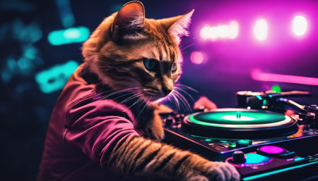 Cool Cat DJ Mixing Tracks at Nightclub Scene Generative AIの素材