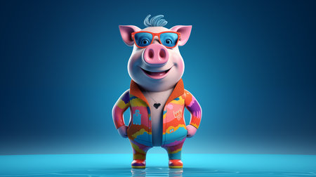 Stylish Pig Character in Vibrant Attire with Sunglasses Generative AIの素材