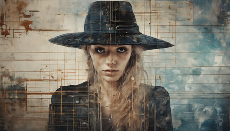 Enigmatic Woman in a Painted Hat with Abstract Art Background Generative AIの素材