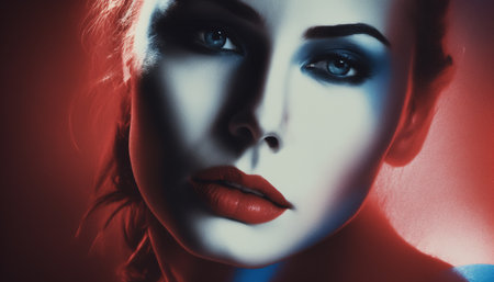 Neon Glow: Portrait of a Woman in Dynamic Red and Blue Light Generative AIの素材