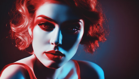 Neon Glow: Portrait of a Woman in Dynamic Red and Blue Light Generative AIの素材