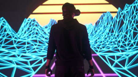 Man wearing virtual reality glasses stands in front of big digital screen with cyber graphic game...
