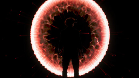 Man in virtual reality glasses in front of big digital screen looking at cyber graphic bomb...