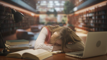 Female in university campus space. Young woman college student sitting in public library, studying...