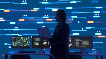 Technical support in control room. Man IT specialist with laptop at security office, big digital...