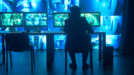 Male security guard officer working on pc in monitoring center and speaking by radio. Computers and big digital screen show cctv cameras footage.の写真素材