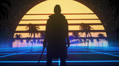 Person against big digital wall in studio. Man silhouette with japanese sword katana acts in front...