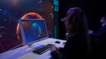 Earth control center, team monitoring galaxy on big screen. Group of people in mission center...