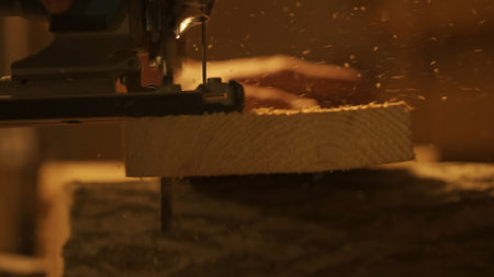 Male woodworker working in garage. Man professional carpenter specialist working with wooden materials in workshop using jigsaw, close up shot.の写真素材