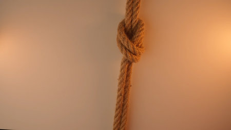 Old thick rope twisted and tied up creating knot, isolated on white background, close up shot. Rope...