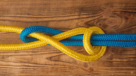 Yellow and blue colored ropes twisted and tied up creating knot, isolated on wooden background,...
