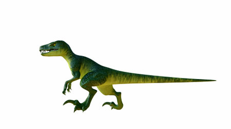 Realistic 3D Illustration of a Green Velociraptor on White Backgroundの写真素材