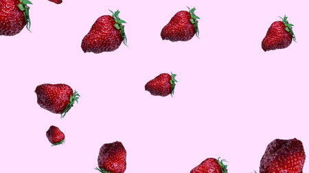 Red ripe strawberries on isolated light pink background. Fresh berries pattern is perfect for food...
