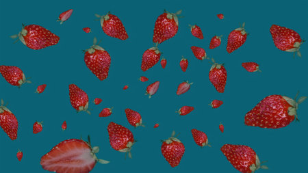 Ripe red strawberry halves on a blue background. A pattern of ripe juicy berries perfect for food and kitchen themes.の写真素材