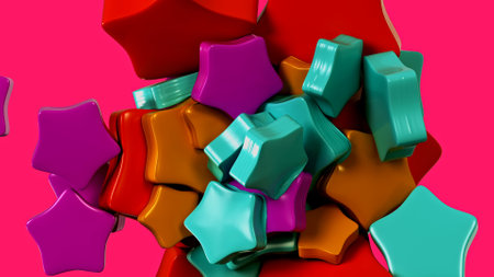 3D graphic depicting a cluster of shiny soft gold, turquoise, purple and red stars on a pink...
