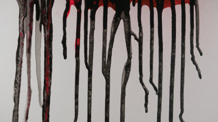 Black and Red Paint Drips on Glass Surfaceの写真素材