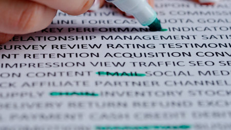 Close up shot of woman hand working with document, green marker in female hand marked highlighted...