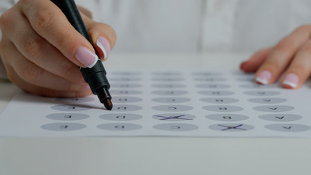 Close up shot of woman at the desk working with important exam document, student reading and picking...