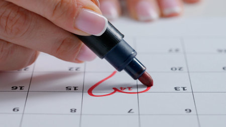 Red marker highlighting with heart calendar 14th day of the month on the paper page. Saint Valentines day date chosen in calendar.の写真素材