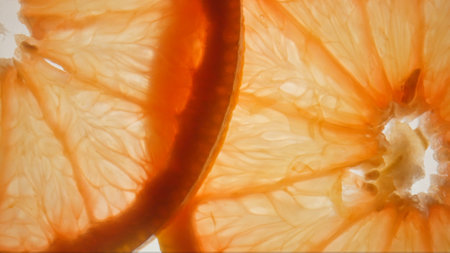 Macro shot of fresh juicy orange slices against skylight, showing flesh and seeds with watery structure texture of citrus fruit visible under light.の写真素材