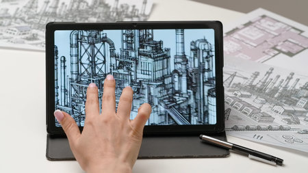 Woman industrial architect designer works on digital graphic tablet touch screen with factory...
