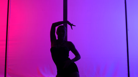 Silhouette of a woman dancing high hills against a window with neon lightの写真素材