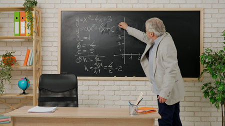 Aged man college professor standing at desk in classroom in front of chalkboard writing algebra formula sample on board. Education concept.の写真素材