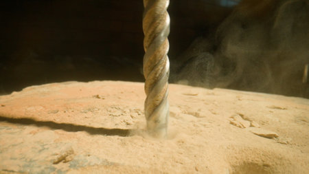 Close up of Drill Bit Penetrating Sand Surface with Dust Flyingの写真素材
