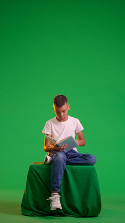 Young Boy Reading a Book Attentively While Seated Against a green screenの写真素材