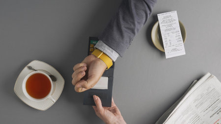 Top view of man hand paying bill at cafe or restaurant with smart watch using portable terminal.の写真素材