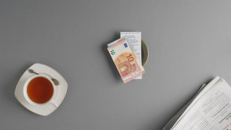 Top view of a paid bill in a cafe.の写真素材