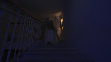 Creepy ghost woman in white dress and scary makeup sitting alone on staircase in dark haunted house. Halloween horror advertisement concept.の写真素材