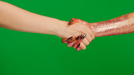 Creepy halloween monster hand in glitter slime and nails doing handshake with female hand, isolated on chroma key green screen background, workspace mockup.の写真素材
