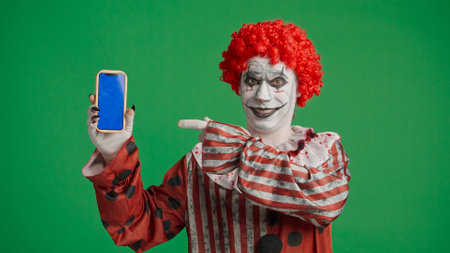 Scary halloween man with makeup dressed as clown pointing at smartphone with blue background,...