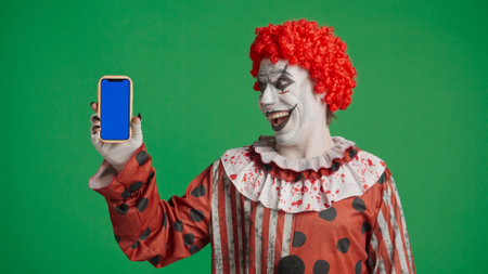 Scary halloween man with makeup dressed as clown holding smartphone with blue background wow expression smiling at camera, isolated on chroma key green screen.の写真素材