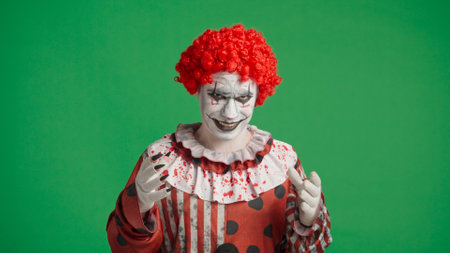 Scary halloween man clown with spooky makeup and wig dressed in costume smiles creepy at camera, isolated on chroma key green screen background.の写真素材