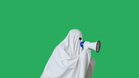 Funny halloween ghost in white sheet talks advertises in loud speaker, isolated on chroma key green...