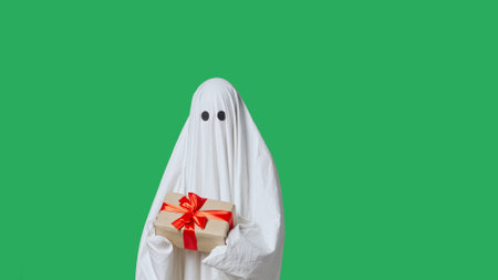Funny halloween ghost in white sheet holding gift box, happy expression, isolated on chroma key green screen background. Happy halloween spooky concept.の写真素材