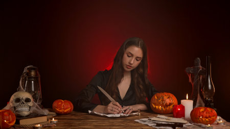 Halloween gothic woman witch fortune teller sitting at table writing letter on old parchment paper with ink feather pen. Magic halloween concept.の写真素材
