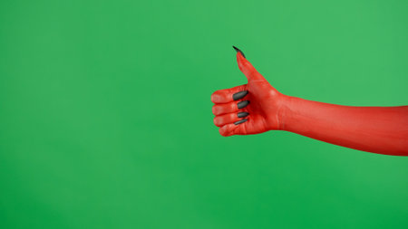 Creepy halloween devil monster hand in red paint with black nails shows like thumb up sign, isolated on chroma key green screen background, workspace mockup.の写真素材